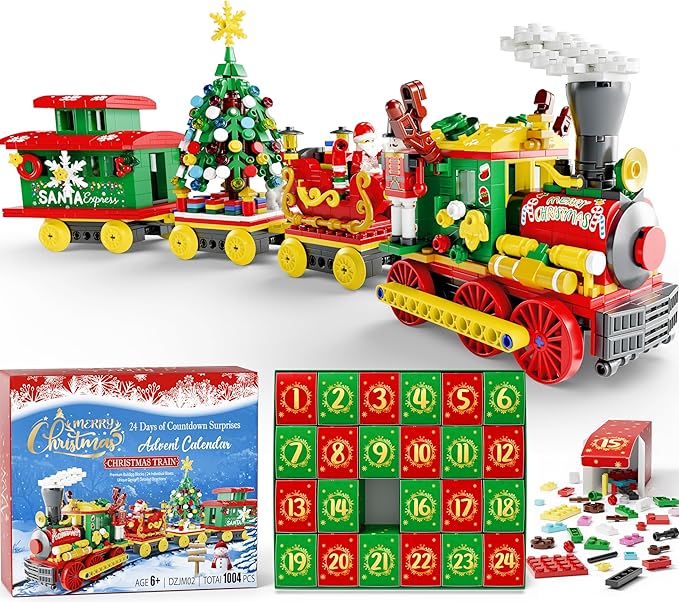 Advent Calendar 2025 Christmas Gifts for Kids Adults Teens, Christmas Train Building Blocks Holiday Gifts New Year Gift Box with Tree Santa Nutcracker Toys Set for Boys Girls Women Men Age 6+