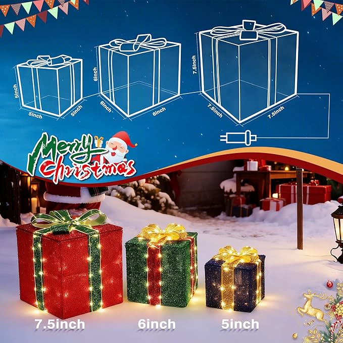Set of 3 Christmas Lighted Gift Boxes - Pre lit Presents Christmas Boxes with Different Sizes for Holiday Indoor Outdoor Decoration (Warm White, Small)