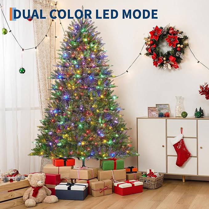 Christmas Artificial Tree 7.5 FT, PVC Mixed Automatic Tree with Dual Color LED Lights, Easy Setup, Durable, Modern Design, Indoor & Outdoor Holiday Decoration