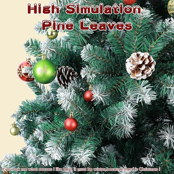 6Ft Christmas Tree,Green Artificial Hinged Holiday Christmas Pine Tree with Pinecones,Xmas Tree w/1400 Snow Flocked Branch Tips for Home,Office,Party Decoration