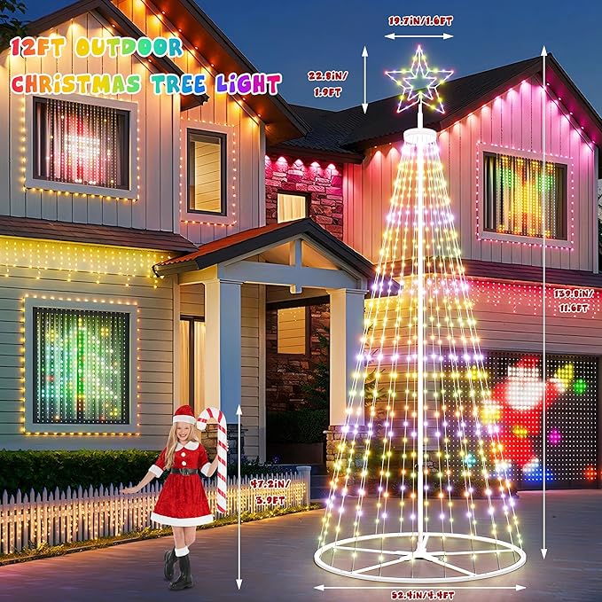 Espird 12FT Outdoor Christmas Tree Prelit - DIY LED Outside Christmas Tree Lights with Star, Music Sync, App & Remote Control, Timer, Smart Christmas Lighting Decoration for Garden & Yard Party