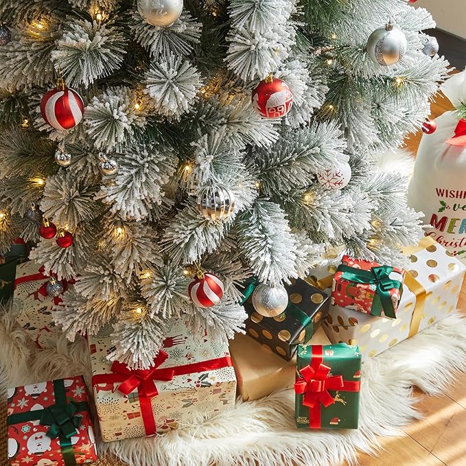 Glitzhome 9ft Prelit Christmas Tree, Flocked Pencil Artificial Christmas Tree with 500 Warm White Lights, Pine Christmas Trees w/Foldable Metal Stand for Home, Office, Party Decoration, Easy Assembly