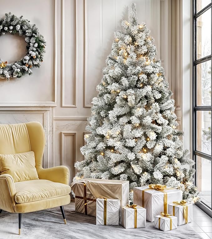 DWVO 6 ft Prelit Snow-Flocked Artificial Pine Christmas Tree, Full Xmas Tree with 250 Lights, 11 Lighting Modes, 1000 Tips, Foldable Base for Home and Party Decor with Remote Control