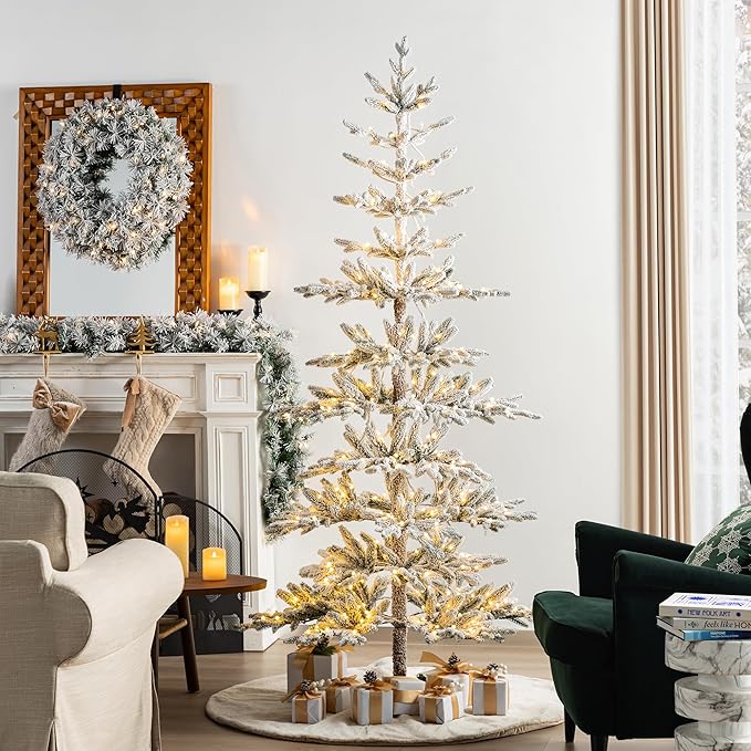 Glitzhome 7ft Deluxe Pre-Lit Flocked Artificial Christmas Tree Serene Snowscape Fir for Home, Office, Party Decoration with 400 Warm White Lights, Metal Hinges & Base, Easy Assembly