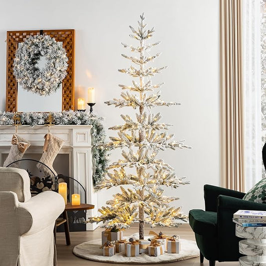 Glitzhome 7ft Deluxe Pre-Lit Flocked Artificial Christmas Tree Serene Snowscape Fir for Home, Office, Party Decoration with 400 Warm White Lights, Metal Hinges & Base, Easy Assembly