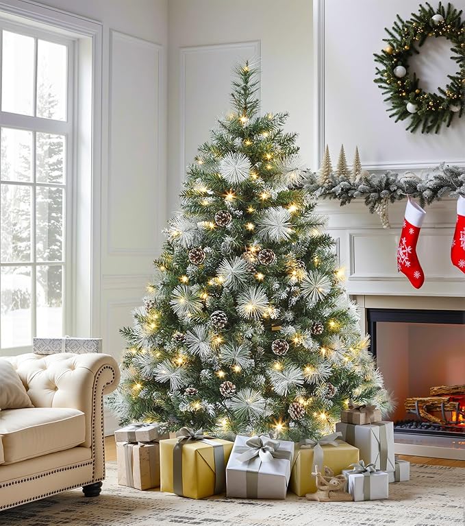 DWVO Prelit Christmas Tree 4.5ft with 34 Pine Cones & White Pine Needle, Atificial Tree with 150 LED Lights, Full Green Xmaxs Trees with 396 Metal Hinged Branch Tips & Stand Remote Controlled