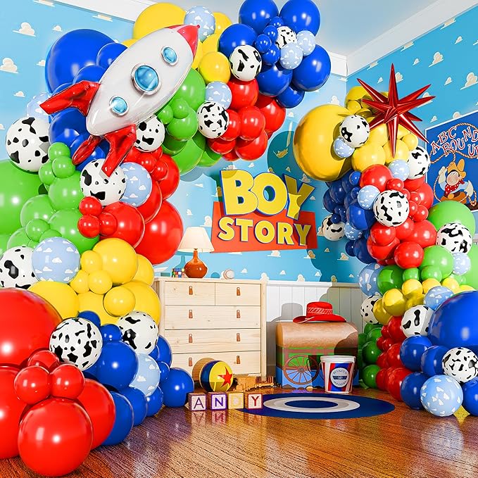 ALL-IN-1 Toy Story Balloons Arch Kit for It's A Boy Story Baby Shower Decorations Theme – Toys Story Balloon Garland Kit with Cloud & Cow Toy Story Balloons for First Boy Story Birthday Party Supplies