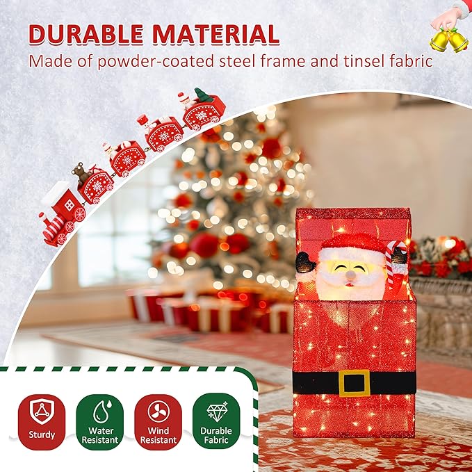 Light Up Electric Santa Claus Decor with 100 LED Lights, 3D Pre-Lit Animated Santa Claus for Xmas Decoration, 14" L x 10" W x 27" H Freestanding Glittered Display for Outdoor, Indoor