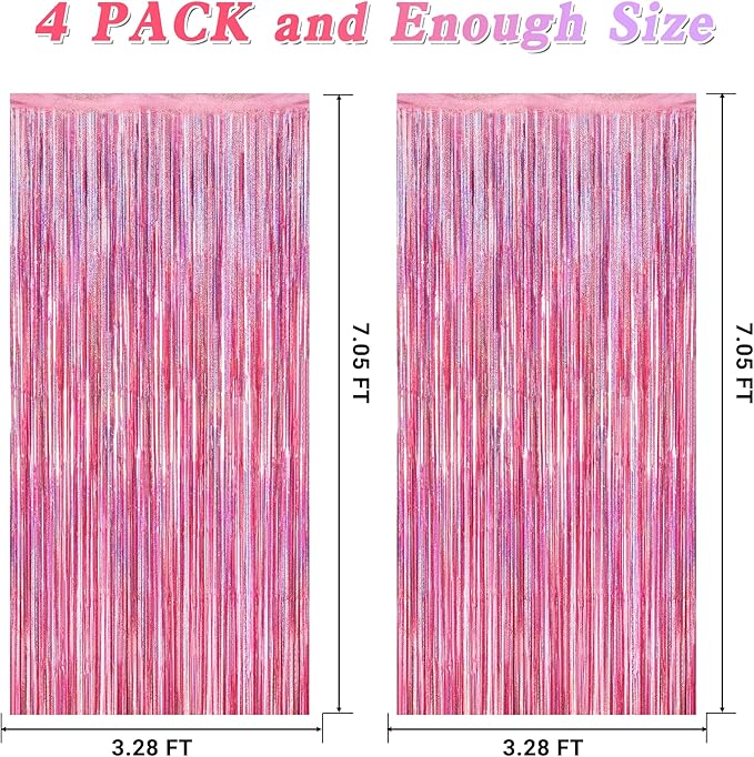 4 Pack Pink Backdrop, 3.28 FT x7.05 FT Foil Fringe Curtains, Metallic Glitter Pink Streamer Fringe Backdrop Foil Curtains, Laser Pink Birthday Party Decorations Bachelorette Decor