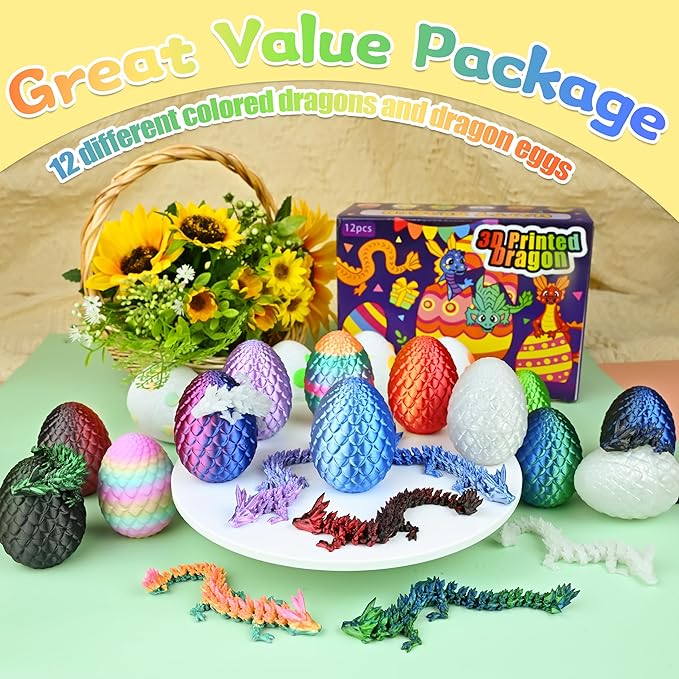 12PCS 3D Printed Dragon Eggs with Dragon Inside, Cool Stuff Christmas Fun Gifts, Mini Dragon Egg Set Articulated Crystal Fidget Toy for Adults Teens Boy Gifts Easter Basket Stuffers
