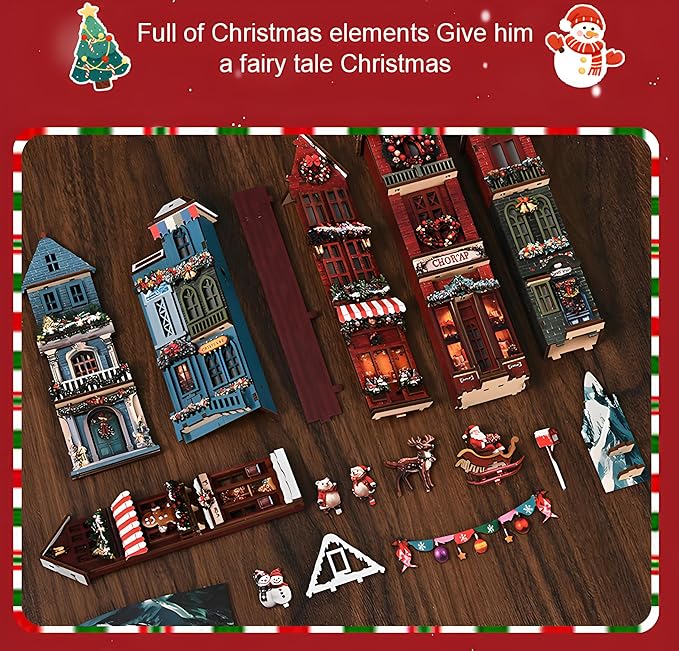 DIY Christmas Book Nook Kit, Wooden Dollhouse Kit with Dust Cover,Tiny Diorama House Building Set Booknook Bookshelf Insert Decor Alley Creative Idea Gifts for Aduls Bookends Model(Christmas Street)