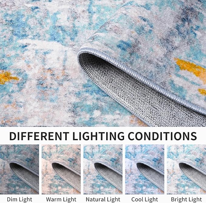 Ompaa Living Room Rug 6x9 Blue Area Rug Machine Washable Boho Rug Non Slip Abstract Vintage Indoor Large Rugs for Bedroom, Classroom, College Dorm, Farmhouse, Dining Room, Kids Playroom