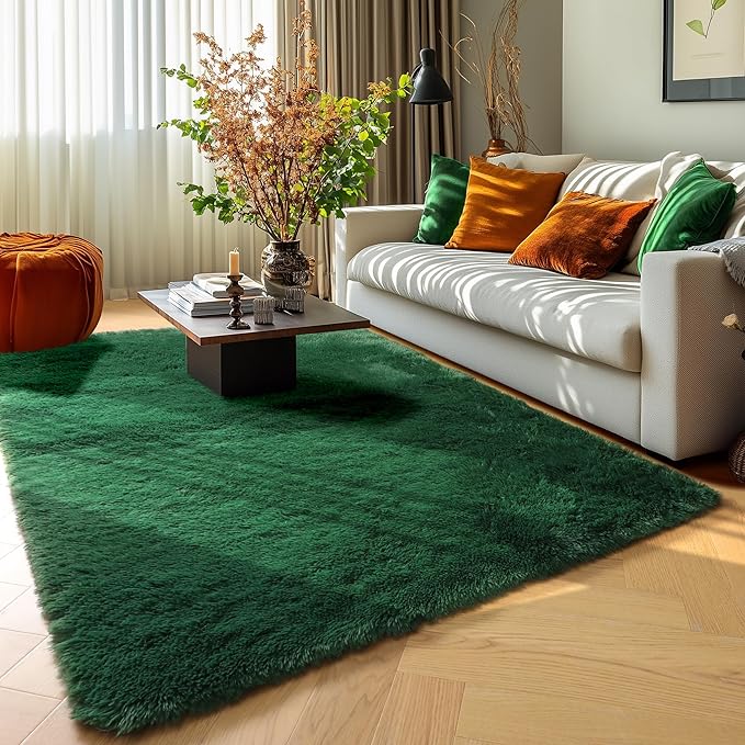 PAGISOFE Fluffy Shag Area Rug for Living Room, 5x8 Ft, Fluffy Shag Fuzzy Carpet Shaggy Rugs for Boys Bedroom, Soft Fuzzy Emerald Green Rugs for Kids Boys Baby's Room Decor Aesthetic, Dark Green