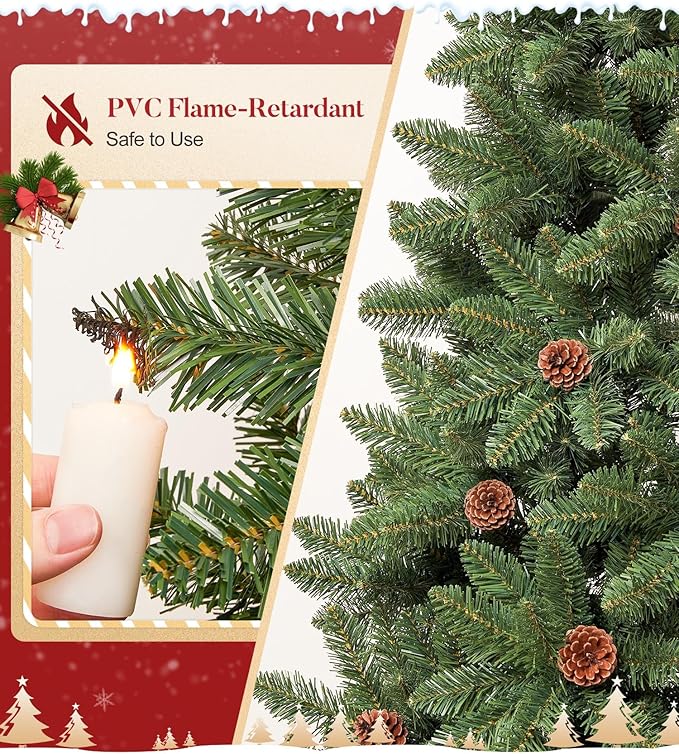 7FT Unlit Realistic Artificial Christmas Tree with Pinecones - Full PVC Xmas Tree for Indoor Holiday Decoration, Easy Assembly