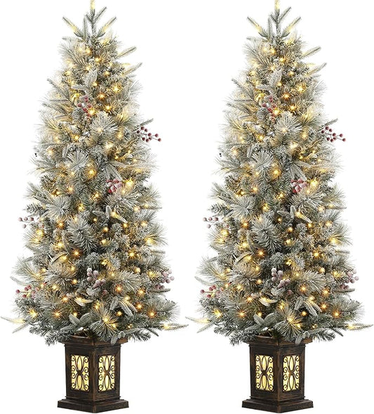 GarveeHome 4.5 ft Pre-Lit Flocked Artificial Christmas Tree with Pine Cones, Artificial Xmas Tree w/ 386 Branch Tips & 200 Lights, Antique Urn Base for Home, Party Decoration,2 PCS