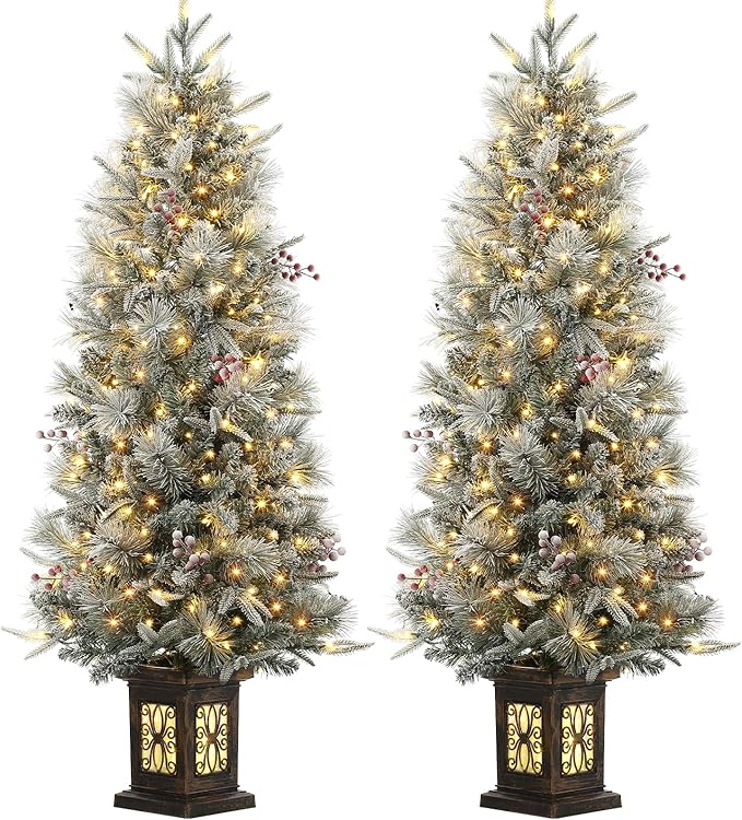 Garvee Pre-lit Artificial Christmas Tree with Warm White Lights, Snow Flocked Full Christmas Tree 4.5 ft with 8 Light-Modes, Pre Lighted Xmas Tree W/386 Branch Tips, 200 Light & Antique Urn Base,2 PCS