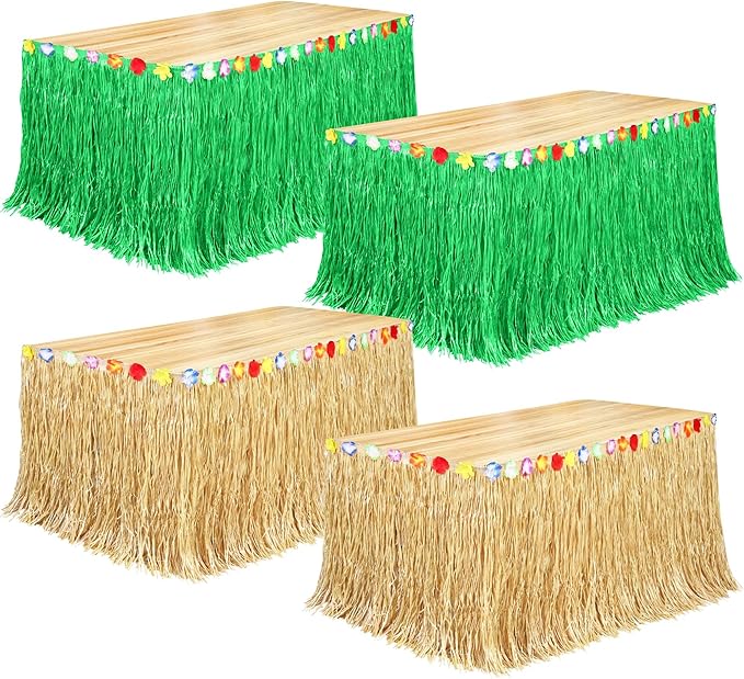 Fovths 4 Pack Luau Grass Table Skirt Natural 9 Feet x 29.5 Inch Hawaiian Table Skirt for Tropical Hawaiian Party Decorations Luau Party Costume Party, Green and Straw Yellow