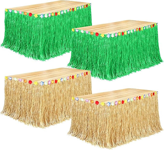 Fovths 4 Pack Luau Grass Table Skirt Natural 9 Feet x 29.5 Inch Hawaiian Table Skirt for Tropical Hawaiian Party Decorations Luau Party Costume Party, Green and Straw Yellow