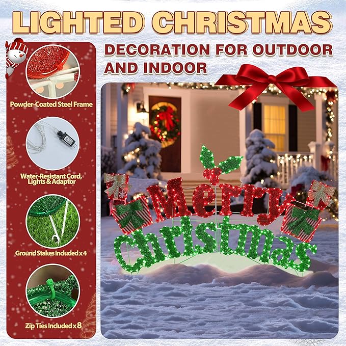 6FT Merry Christmas Sign for Decoration, 2-in-1 Pre-Lit Holiday Greeting Sign Decor with 456 LED Lights, Freestanding or Hanging Glittered Holiday Display for Outdoor, Indoor
