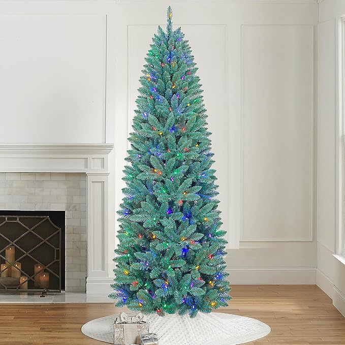 7.5FT Prelit Slim Artificial Christmas Tree with 843 Branch Tips, 250 Dual-Color LED Lights and Metal Stand, Realistic Skinny Pencil Blue Spruce Tree with Multi-Function Lights