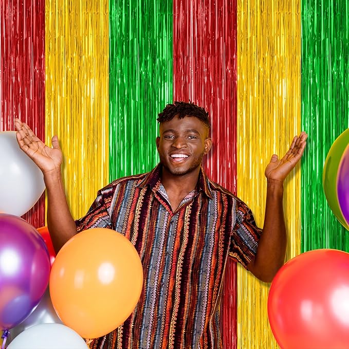 2 Pack Black History Month Decorations, 3.28 FT x 7.05 FT Backdrop Curtains, Red Yellow Green Color Tinsel Backdrop Fringe Curtains Party Streamer, Black History Month Door Decor