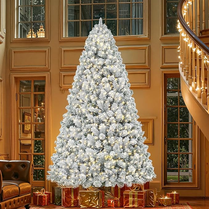 HOLLO STAR 12 ft Flocked Prelit Christmas Tree with 1097 LED Lights, App Control, Artificial Christmas Tree, Multi-Color RGBW Lights, 4000 Branch Tips, Snow Xmas Tree, for Villa, Mall, Party