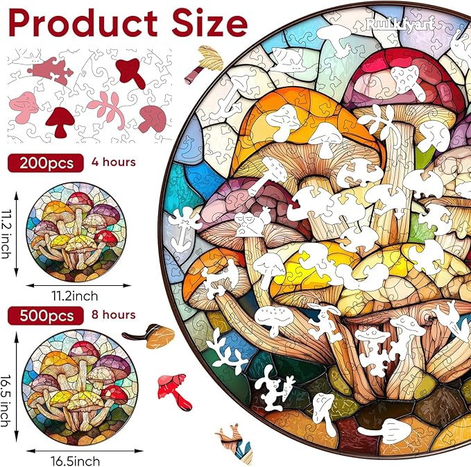 Colorful Mushroom 200 Pieces Wooden Jigsaw Puzzles for Adults with Unique Irregular Shape Family Puzzles for Kids and Adults on Birthday,Father's Day,Christmas 11.2"x11.2"