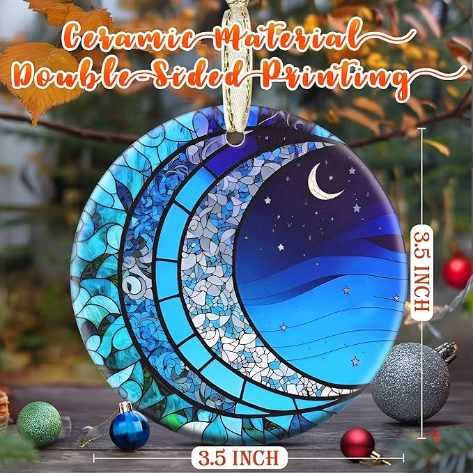 3.5 Inch Ceramic Christmas Tree Ornament, Blue Moonlight Christmas Ornaments, Heirloom Keepsake, Gift Exchange, Gift Idea, Bauble Present