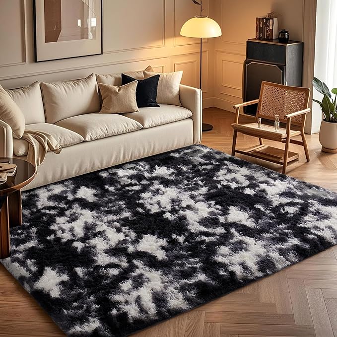Ophanie Black and White Rugs for Bedroom Living Room, Fluffy Fuzzy Furry Carpet, Plush Soft Shaggy Bedside Indoor Floor 4x6 Area Rug for Kids Girls Boys Baby Teen Dorm Nursery Home Decor Aesthetic
