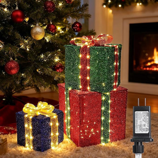 Set of 3 Christmas Lighted Gift Boxes - Pre lit Presents Christmas Boxes with Different Sizes for Holiday Indoor Outdoor Decoration (Warm White, Small)
