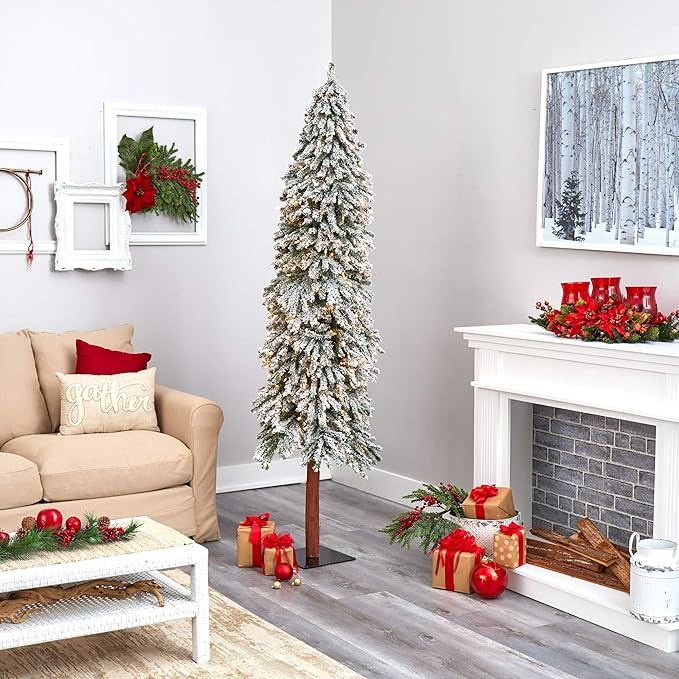 Nearly Natural 7ft. Flocked Grand Alpine Artificial Christmas Tree with 400 Clear Lights and 950 Bendable Branches on Natural Trunk