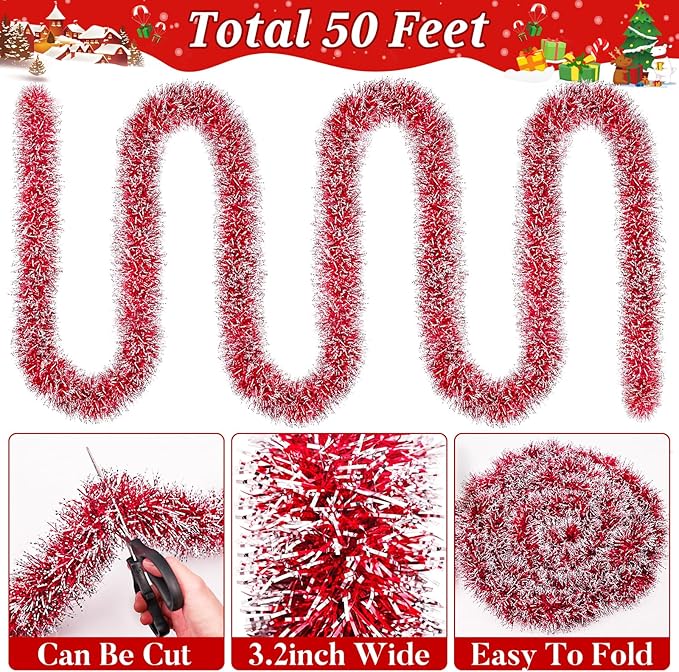 50Ft Christmas Red Tinsel Garland Xmas Tree Decorations Metallic Glitter Twist Garland for Christmas Decorations Anniversary Birthday Wedding Holiday Supplies Indoor Outdoor Supplies