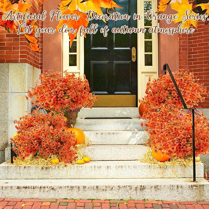 Zeyune 48 Bundles Fall Artificial Flowers Outdoor Decor, UV Resistant Fake Autumn Mums for Thanksgiving, Halloween Pumpkin Porch, Window Box, Patio and Garden Decoration (Orange and Red)