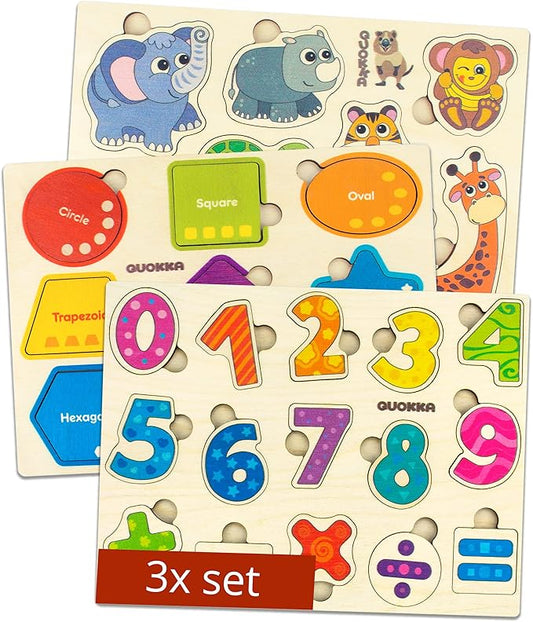 QUOKKA Toddler Puzzles Ages 2-4 – Wooden Puzzles for Kids 1-3-5 Year Old – Learning Travel Game with Numbers Animals Shapes – Wood Educational Gift for Boys and Girls