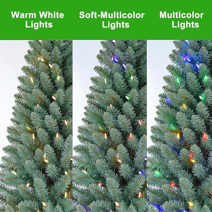 6.5FT Prelit Slim Artificial Christmas Tree with 813 Branch Tips, 250 Dual-Color LED Lights and Metal Stand, Realistic Skinny Pencil Blue Spruce Tree for Holiday Décor