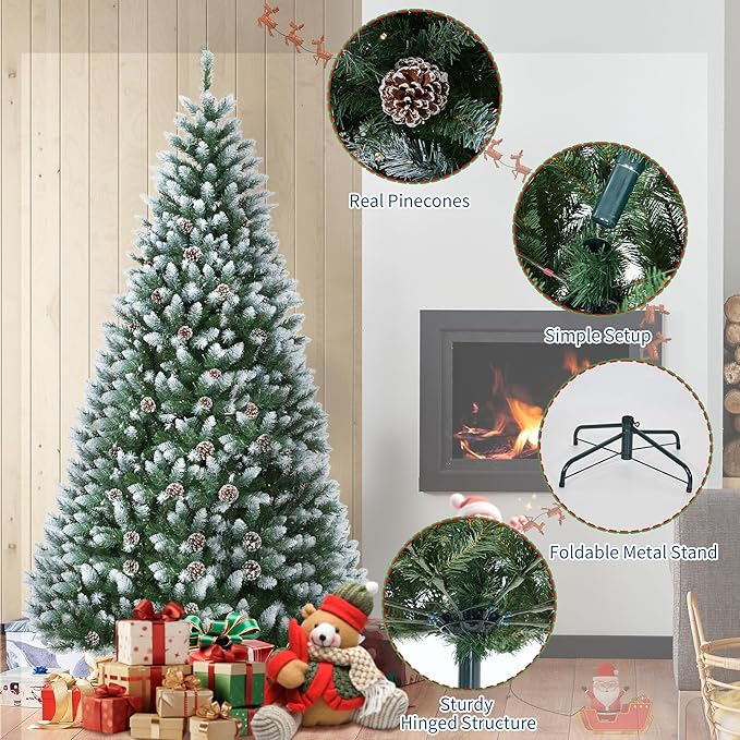 7.5FT Pre-Lit Artificial Christmas Tree with 550 Warm White LEDs, Mixed Pinecone Decor, Sturdy Metal Base - Green Premium Holiday Tree for Home, Office & Parties (1042 Tips)