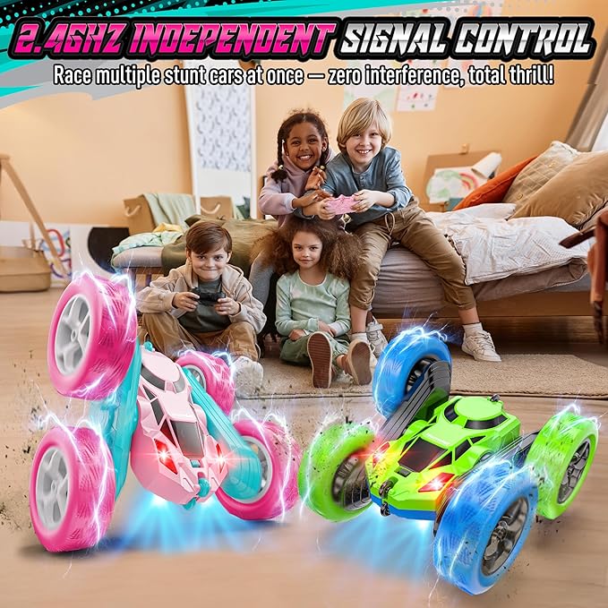 Pink RC Car for Girls Age 6+, 360° Rotating Stunt Remote Control Vehicle with LED Lights, Upgraded 4WD USB-C Rechargeable Electric Toy, Perfect Birthday, Holiday