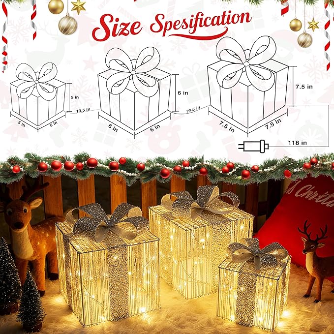 Set of 3 Christmas Lighted Gift Boxes - Pre Lit Presents Christmas Boxes Outdoor Lighted with Different Sizes for Holiday Indoor Outdoor Decoration (Silver, Small)