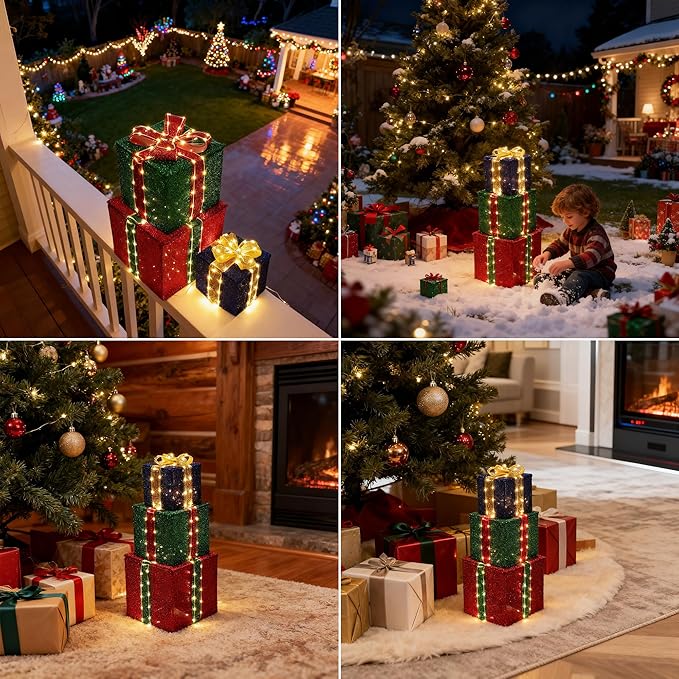 Set of 3 Christmas Lighted Gift Boxes - Pre lit Presents Christmas Boxes with Different Sizes for Holiday Indoor Outdoor Decoration (Warm White, Small)