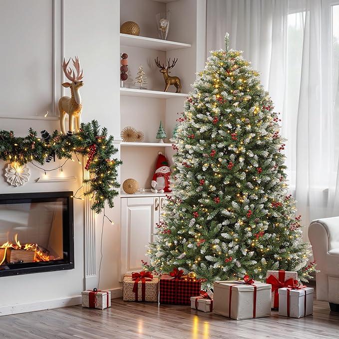 YITAHOME 6FT Prelit Frosted Green Artificial Christmas Tree with Remote, Pre-Decorated Christmas Tree w/ 1838 Tips, 80 Pine Cones & 80 Berries, 450 Warmwhite & Multi-Color Lights, 11 Modes, Green Bell