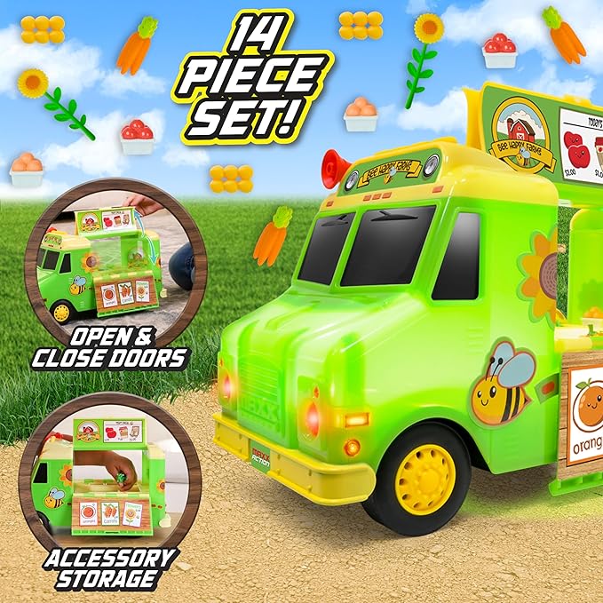 12" Farmer's Market Food Truck, Lights and Sounds, Includes 14 Play Pieces, Miniature Food, Pretend Play for Girls and Boys, Ages 3+