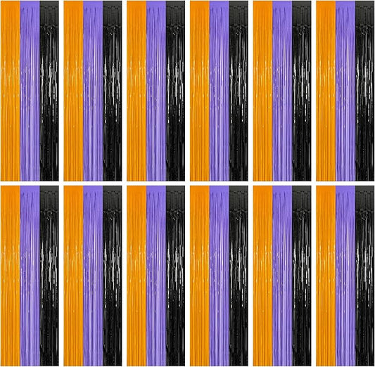 12 Pack Halloween Decor, 3.28 FT x 7.05 FT Orange Purple Black Fringe Curtains, Funny Wall Backdrop Photo Booth Backdrop Party Streamer, Halloween Foil Decorations Photo Booth Props