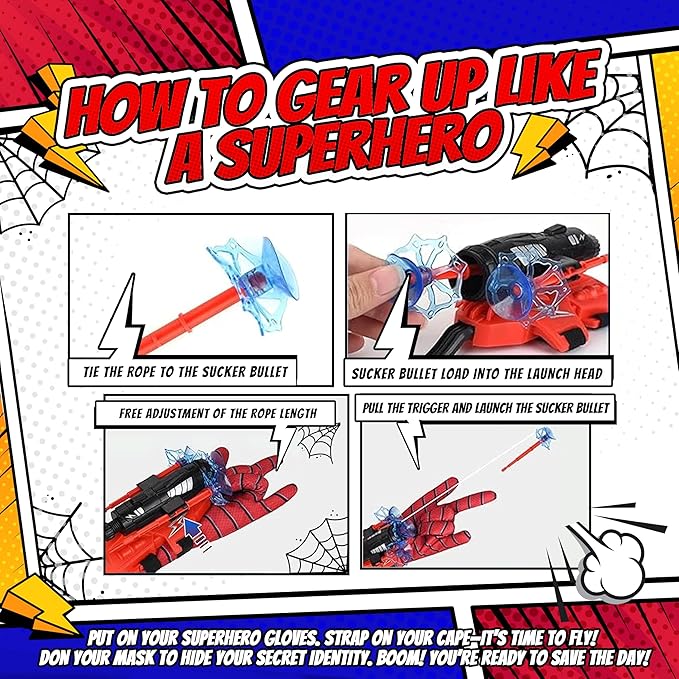 Superhero Web-Slinging Toy Set – 7-in-1 Superhero Set Includes 2 Web Shooters, 2 Hero Masks, 2 Gloves, and 1 Cape – Ideal for Indoor and Outdoor Costume Role-Playing, Imaginative Play for Kids Ages 3+