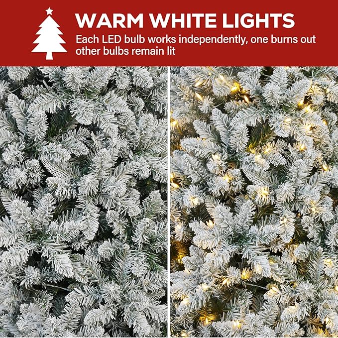 Hykolity 7.5ft Prelit Artificial Holiday Snow-Flocked Christmas Tree, 450 Warm White Lights, 1446 PVC Branch Tips, Quick-Assembly Hinged Design for Decorating