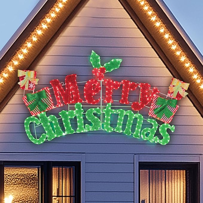 6FT Merry Christmas Sign for Decoration, 2-in-1 Pre-Lit Holiday Greeting Sign Decor with 456 LED Lights, Freestanding or Hanging Glittered Holiday Display for Outdoor, Indoor