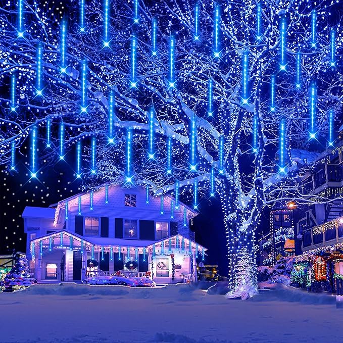 Aokudoni Meteor Shower Lights Outdoor Christmas Lights 16 Inch 8 Tube Blue Icicle Light for Xmas Holiday Tree Wedding Party Garden Christmas Decorations