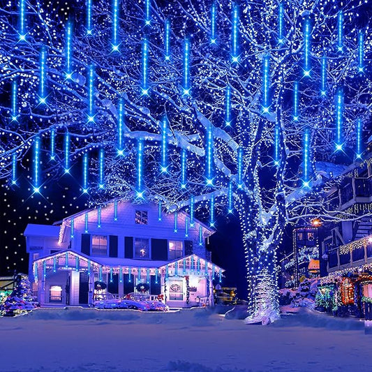 Aokudoni Meteor Shower Lights Outdoor Christmas Lights 16 Inch 8 Tube Blue Icicle Light for Xmas Holiday Tree Wedding Party Garden Christmas Decorations