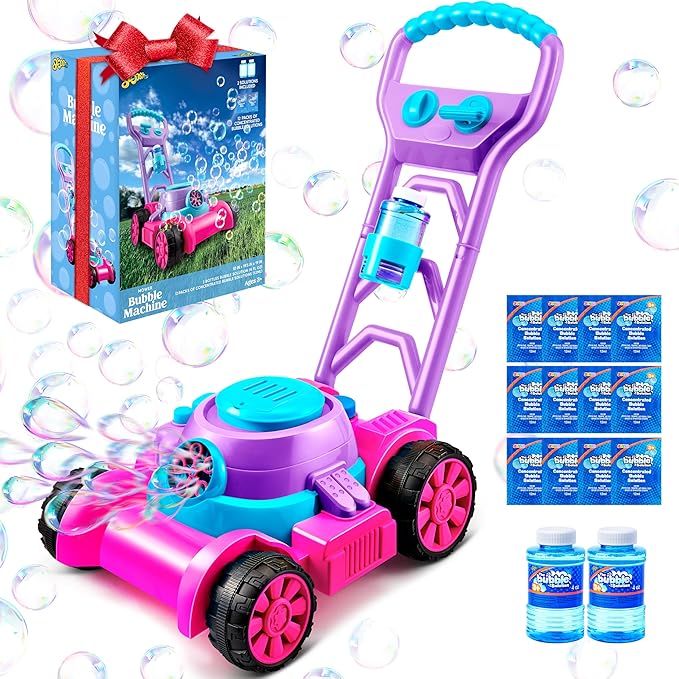 SLOOSH Bubble Lawn Mower Toddler Toys - Leak-Proof Bubble Machine Pretend and Play Gardening Toy for Indoor Outdoor Use, Push Toys Preschool Baby Boys Kids Birthday (Pink)