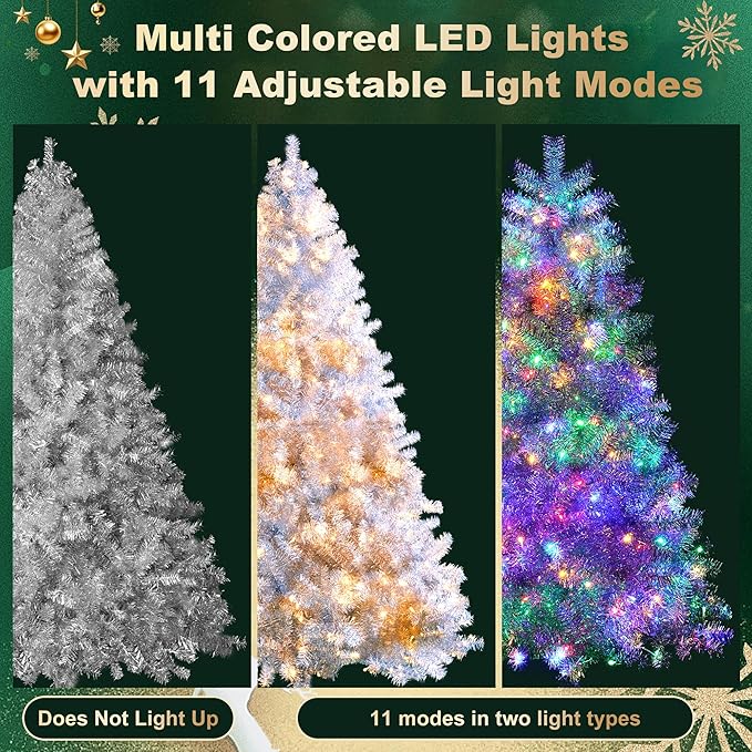 6FT Silver Pre-Lit Artificial Christmas Tree with Lights, Hinged Full Xmas Tree with 800 Branch Tips & 300 Multi-Color LED Lights, 11 Lighting Modes, Metal Stand, Indoor Outdoor Decorations