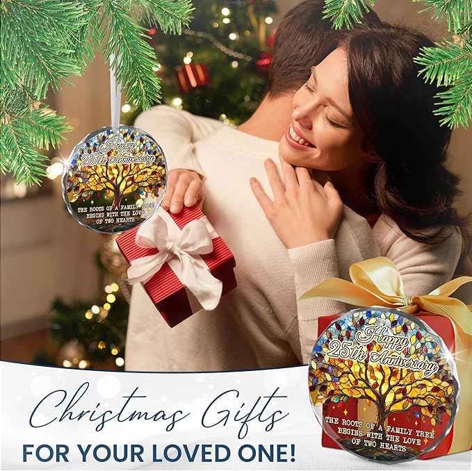 25th Christmas Anniversary Wedding Gifts for Couples - Glass Christmas Ornaments 2025 for Tree Decorations - Anniversary Wedding Gifts for Women Men Him Her Husband Wife Parents Grandparents